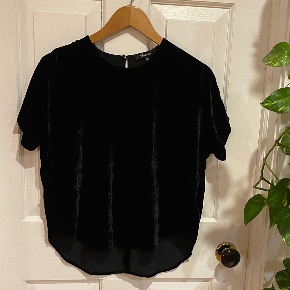 Madewell Silk Oversized Velvet Viscose Black Short Sleeve Top Dark Romantic